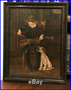 ANTIQUE FOLK ART PAINTING brunette little GIRL VIOLIN DOG Oil on Board Signed