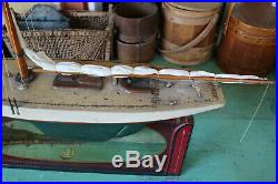 ANTIQUE MODEL SLOOP POND BOAT + FOLK ART STAND with SEASCAPE PAINTING Medford MA
