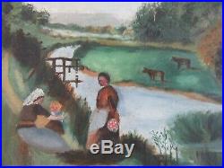 ANTIQUE OIL PAINTING Folk Art COUNTRY PRIMITIVE LANDSCAPE AFRICAN AMERICAN COWS