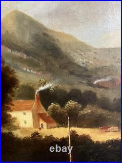 ANTIQUE OIL PAINTING Welsh Romantic Primitive Landscape MONMOUTHSHIRE 1878