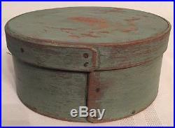 Antique Signed J Burr Round Pantry Box Early Dry Blue Green Paint Folk Art Aafa