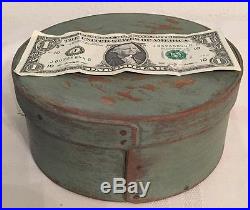 Antique Signed J Burr Round Pantry Box Early Dry Blue Green Paint Folk Art Aafa