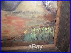 ANTIQUE/VINTAGE Original W. WALKER FRAMED BLACK FOLK ART OIL PAINTING SIGNED