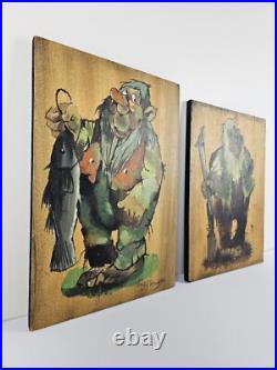 ART 2x VTG Original Signed Erik A Eriksen Paintings 14x9.5 Norwegian Folk Art