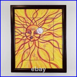 ART Original Painting Sun Face Modern Folk Art 21.75x18 In Custom Wood Frame