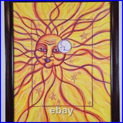 ART Original Painting Sun Face Modern Folk Art 21.75x18 In Custom Wood Frame