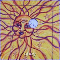 ART Original Painting Sun Face Modern Folk Art 21.75x18 In Custom Wood Frame