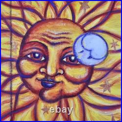 ART Original Painting Sun Face Modern Folk Art 21.75x18 In Custom Wood Frame