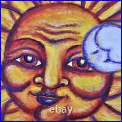 ART Original Painting Sun Face Modern Folk Art 21.75x18 In Custom Wood Frame