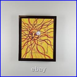 ART Original Painting Sun Face Modern Folk Art 21.75x18 In Custom Wood Frame