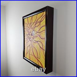 ART Original Painting Sun Face Modern Folk Art 21.75x18 In Custom Wood Frame
