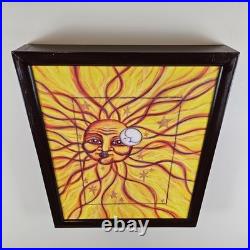 ART Original Painting Sun Face Modern Folk Art 21.75x18 In Custom Wood Frame