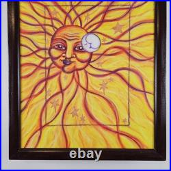 ART Original Painting Sun Face Modern Folk Art 21.75x18 In Custom Wood Frame