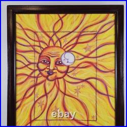 ART Original Painting Sun Face Modern Folk Art 21.75x18 In Custom Wood Frame