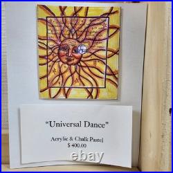 ART Original Painting Sun Face Modern Folk Art 21.75x18 In Custom Wood Frame