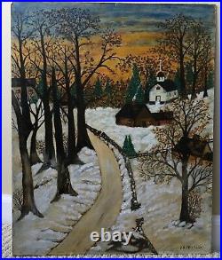 ATQ Grandma Moses Inspire Oil Painting Folk Art Winter Snow Cabin Church Signed