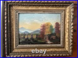 AUTUMN HARVEST, Antique FOLK ART Oil Painting, Beautiful OLD Gilt Frame