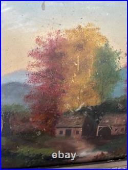 AUTUMN HARVEST, Antique FOLK ART Oil Painting, Beautiful OLD Gilt Frame