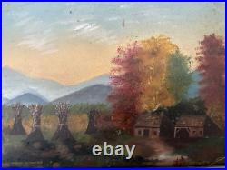 AUTUMN HARVEST, Antique FOLK ART Oil Painting, Beautiful OLD Gilt Frame
