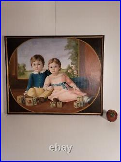 A Charming Folk Art Painting of a Brother and Sister Playing with Blocks