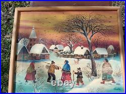 A. KOWALSKI Folk Art Village in a snow scene Original oil on canvas withframe