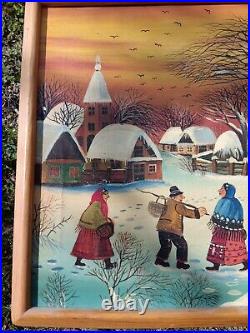 A. KOWALSKI Folk Art Village in a snow scene Original oil on canvas withframe