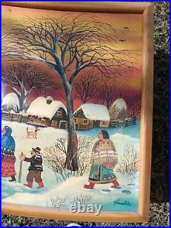 A. KOWALSKI Folk Art Village in a snow scene Original oil on canvas withframe