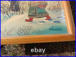 A. KOWALSKI Folk Art Village in a snow scene Original oil on canvas withframe