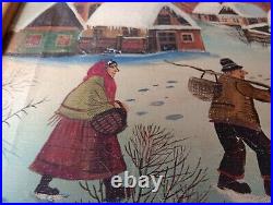 A. KOWALSKI Folk Art Village in a snow scene Original oil on canvas withframe