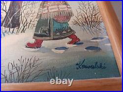 A. KOWALSKI Folk Art Village in a snow scene Original oil on canvas withframe