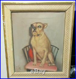 A. Ralli Vintage Original Oil Canvas Dog In Chair Folk Painting Italy Dated 1960