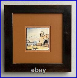 A Vintage Framed Folk Art Mexican Watercolor Painting of Mountains and A Village