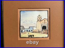 A Vintage Framed Folk Art Mexican Watercolor Painting of Mountains and A Village