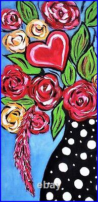 A. Z. Davis 20x16 Original Acrylic Painting Folk Modern Abstract Vase Red Flower