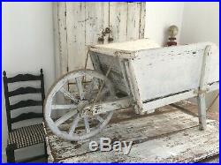 Aafa Antique Folk Art Old White Paint Large Wooden Wheelbarrow Garden Primitive