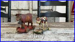 Aafa Antique Folk Art Primitive Pull Toy Wood Bull And Cow Original Hand Painted