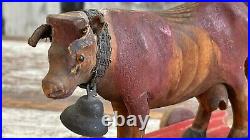 Aafa Antique Folk Art Primitive Pull Toy Wood Bull And Cow Original Hand Painted