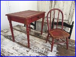 Aafa Antique Primitive Folk Art Red Painted Child Doll Table / Desk & Chair Set