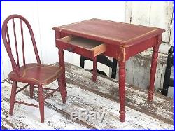 Aafa Antique Primitive Folk Art Red Painted Child Doll Table / Desk & Chair Set