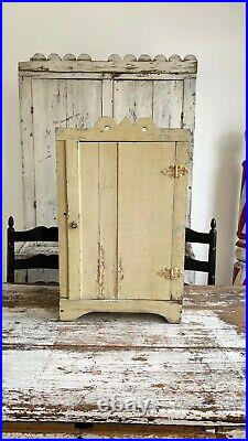 Aafa Early Folk Art Antique Wall Cabinet Cupboard Old Buttercream Paint Crates