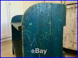 Aafa Folk Art Antique Primitive Bucket Bench Wood Old Blue Paint Square Nails