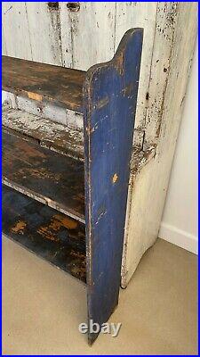 Aafa Folk Art Antique Primitive Bucket Bench Wood Original Blue Paint Mortised