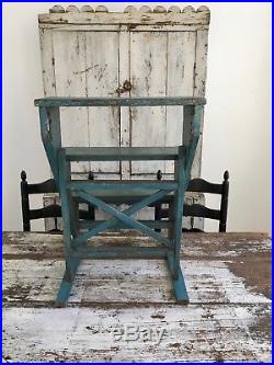 Aafa Ooak Folk Art Antique Primitive Step Stool / Shelf Alligator Blue Paint