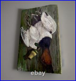 Acrylic Outsider Folk Art Painting on Wood Abstract Expressionist duck art