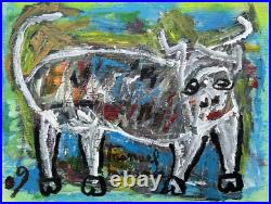 Acrylic on Canvas Panel Painting of White Bull in Art Brut, Outsider, Folk Style Acrylic on Canvas Panel Painting of White Bull in Art Brut, Outsider, Folk Style