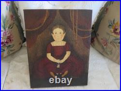 Adorable Vintage Mary Beth Baxter Folk Art PAINTING Americana Girl Oil Painting
