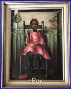 African American Folk Art Oil Painting of a Little Girl signed Johnson