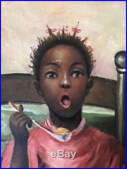 African American Folk Art Oil Painting of a Little Girl signed Johnson