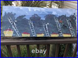 African American Outsider Folk Art Painting Picking Apples Ernest Lee 12x30