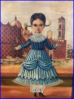 Agapito Labios Oil Portrait Painting Girl Town Cathedral Church Mexican Folk Art